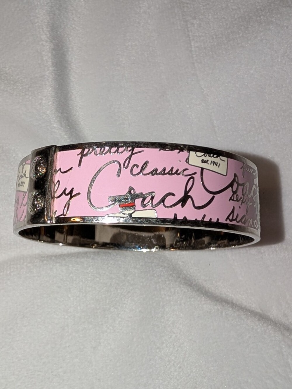 Coach Pink Script Perfume Bottle Enamel Bangle Bracelet Pink Silver Like New